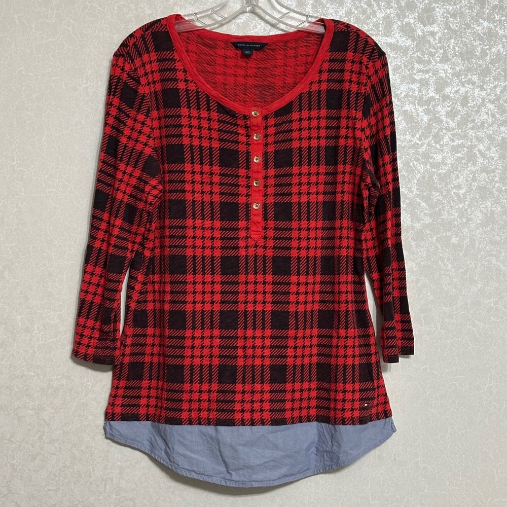 Tommy Hilfiger Henley Top Red Black Houndstooth Plaid Layered Preppy Americana L